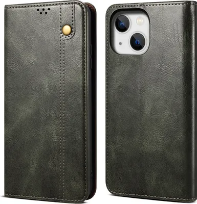 Produktbild von iPhone 15 Plus Hülle, Leder Flip Brieftasche Schutzhülle für iPhone 15 Plus Grün