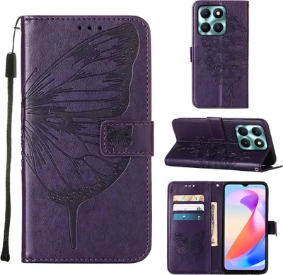 Produktbild von Lederhülle für Honor X6A Schmetterling Prägung Flip Ledertasche Kartenfächer Handyhülle mit Ständer Lila