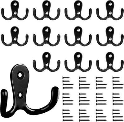Produktbild von Kleiderhaken 12 Stück, Retro Doppelhaken, Schwarzes Metall, Für Badezimmer, Küche, Inklusive 48 Schrauben