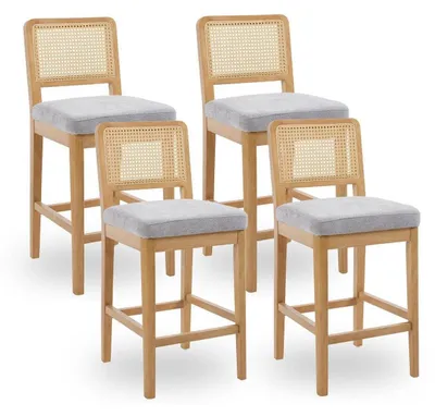 Immagine prodotto di Set di 4 sgabelli con schienale in rattan e gambe in legno, rivestimento in lino, colore grigio