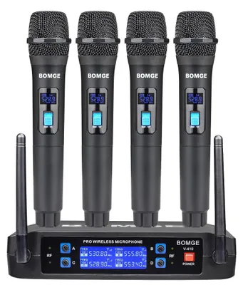 Imagen del producto de Kit de micrófono inalámbrico de 4 canales: 4 micrófonos de mano, conectores XLR y de 1/4 de pulgada TRS, color . Ideal para karaoke y eventos