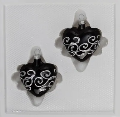 Produktbild von 2 tlg. Glas-Herzen Set in Hochglanz-Schwarz-Silberne-Ornamente