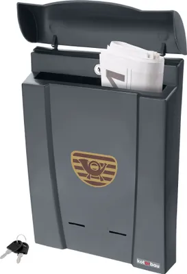 A dark gray mailbox with a newspaper inside and two keys in front.