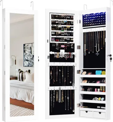Produktbild von Schmuckschrank mit 15 LED Leuchten & Ganzkörperspiegel & Tür- / Wandmontage Weiß