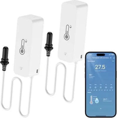 Produktbild von 2 Pack WiFi Hygrometer Thermometer Sensor, Innen Mit Externem Sensor und App Alert, Mini für Gewächshaus, Aquarium, Kühlschrank, ReptilienTerrarium,