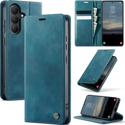 Immagine prodotto di Custodia in pelle per Samsung Galaxy S26, protezione RFID, chiusura magnetica, scomparti per carte e funzione supporto Blu