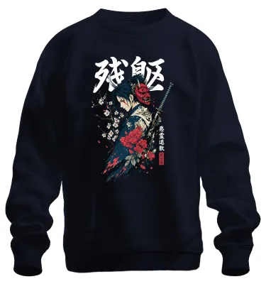 Obrázek produktu pro Samuraj, válečník, maska Hannya, katana, styl Y2K, Japonsko, japonský svetr, mikina, tmavě modrá, velikost S