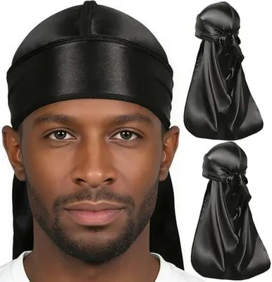 Produktbild von Elastischer Durag aus seidigem Stoff mit langem Schweif, weich und atmungsaktiv, in Schwarz für Männer