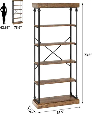 Image de Étagère industrielle - Étagère autoportante à 6 niveaux - Bois et métal - Étagère de rangement rustique - Pour salon, chambre, bureau - Marron