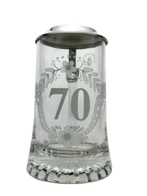 Produktbild von Glas-Bierkrug zum 70. Geburtstag mit Zinndeckel 0,4 l – Geschenk für Bierliebhaber