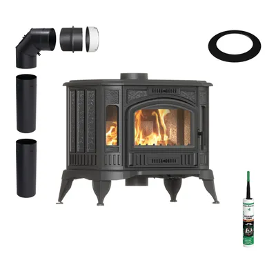 A freestanding cast iron stove with various accessories, including pipes and sealant, arranged around it on a white background.