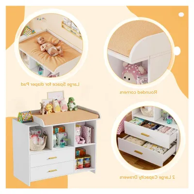Produktbild von Wickelkommode aus Holz mit abnehmbarem Wickelaufsatz, 2 Schubladen und 3 Regalfächern, 94,7 x 40 x 81,2 cm, Weiß