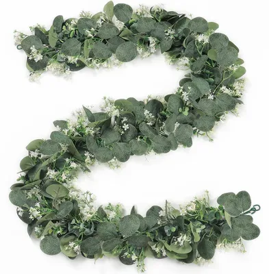 Productafbeelding van Kunststof eucalyptusguirlande met witte bloemen, 2 stuks, 180 cm