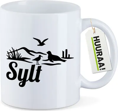 Produktbild von Huuraa Kaffeetasse Sylt Strandmotiv 330ml Weiß Keramik Kaffeebecher Geschenkidee