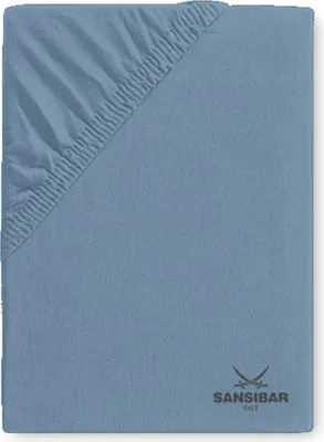 A blue fitted sheet is folded and laid flat.