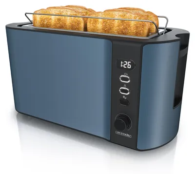 Obrázok produktu pre Arendo hriankovač na 4 plátky, hriankovač s dlhou štrbinou, dlhá štrbina, nerezová oceľ, 1500 W, displej s ukazovateľom zostávajúceho času, horná časť na pečenie chleba, funkcia rozmrazovania, tepelne izolačný kryt, modrá farba