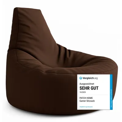 A brown beanbag chair with a white overlay showing a product review.