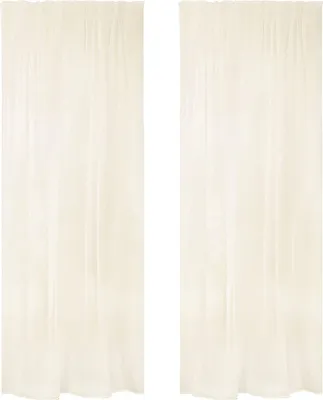 Two cream-colored sheer curtains are displayed side-by-side against a white background.