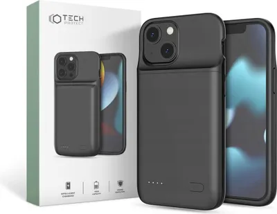 A product shot of a black phone case with a battery pack, shown next to its packaging.
