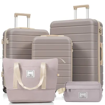 A set of luggage including three suitcases and two bags, arranged on a white background.
