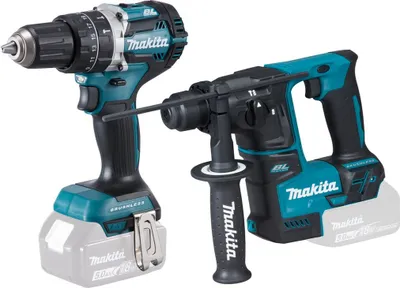Two Makita power tools, a drill and a rotary hammer, are shown side-by-side against a white background.