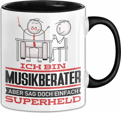 Produktbild von Musikberater Geschenk Tasse Ich Bin Musikberater Aber Sag Doch Einfach Superheld Lustige Geschenkdiee für Musikberater Kaffee-Becher (Schwarz)