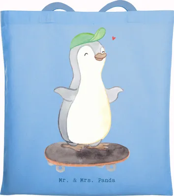 Produktbild von Mr. & Mrs. Panda Tote Bag Pinguin Skateboarden - Sky Blue - Geschenk, Skateboard, umhängebeutel, fahren, Jutetasche, Skateplatz, Laptoptasche, Tasche, Jutebeutel, Skaten