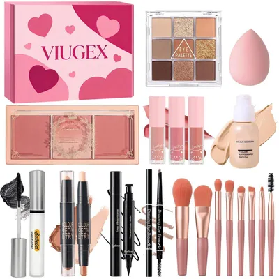 Produktbild von All-in-One Make-up Set für Teenager Mädchen & Damen, Geschenkset mit Foundation, Lidschatten, Rouge, Lipgloss, Mascara, Eyeliner, Pinsel, Erdfarben