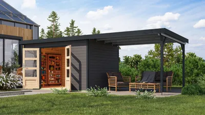 Produktbild von Karibu Gartenhaus Hybridhaus Metall Pluto 7 im Set mit Anbaudach ca. 3 m breit terragrau 663,5x240,5x219 cm