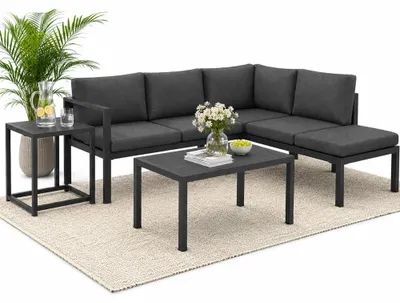 Produktbild von Mucola Sitzgruppe Aluminium Ecksofa mit Beistelltisch Lounge wetterfest Grau Tisch Balkonmöbel Terrasse Outdoor-Möbel Garten