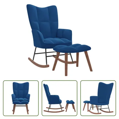 Image de The Living Store Chaise à bascule avec tabouret Velours bleu