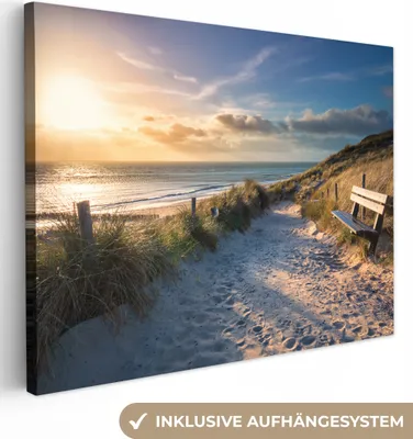 Produktbild von MuchoWow® - Leinwandbilder - Sonnenuntergang - Strand - Düne - Gras - Bank, Wandbild, Wanddeko Bilder Wohnzimmer, 120x90cm