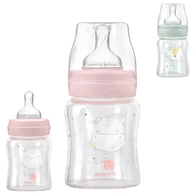 Produktbild von Kikkaboo Baby Glasflasche 120 ml, Weithalsöffnung, Silikonsauger Größe S, Deckel rosa