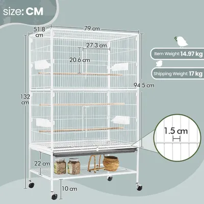 Obrázek produktu pro Velký klec pro ptáky - XXL voliéra na kolečkách - kov - 52 x 78 x 132 cm - rozteč mříží 1,5 cm - vhodná pro andulky, papoušky, kanárky - bílá barva
