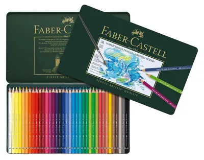 A set of Faber-Castell watercolor pencils in a metal tin, with the lid open, showing the pencils arranged neatly inside.
