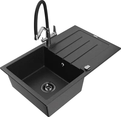 Produktbild von Mexen Bruno 1 Becken-Granitspüle mit Abtropffläche und Mischbatterie Duo, Schwarz/Silbermetallic - 6513-73-671701-07-B