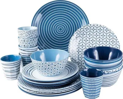Produktbild von Camping-Set für 6 Personen - 24-teilige Melamin-Service - Teller, Tasse & Becher - Unzerbrechbar - Waschmaschinengeschützt - für Camping, Caravan & Picknick