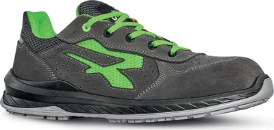 A single grey and green safety shoe is shown against a white background.