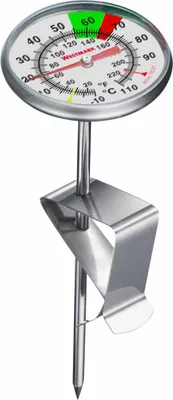 A close-up of a stainless steel kitchen thermometer with a clip.