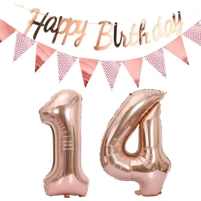 Produktbild von Luftballons 14. Geburtstag Deko Set Rosegold mit Happy Birthday Girlande und 40" Zahlenballon
