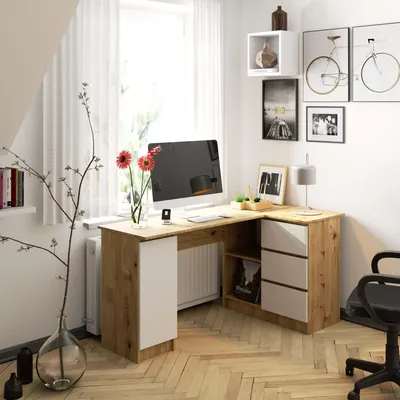 Image de Bureau d'angle en L de 155 cm avec 3 tiroirs, 1 porte et 4 compartiments