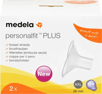 The image shows the retail packaging of Medela Personalfit Plus breast shields.
