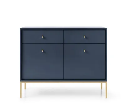 A dark blue cabinet with gold legs and handles, shown against a white background.