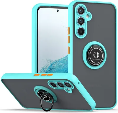 A product shot of a phone case with a ring holder, shown from multiple angles.