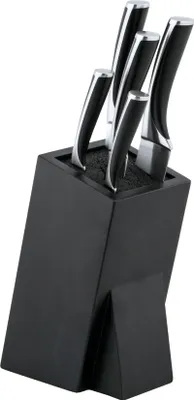 A set of knives in a black block.