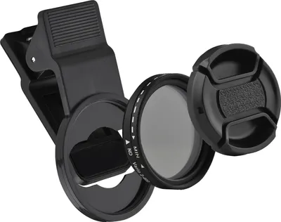 A black clip-on phone lens filter and its cap are displayed against a white background.