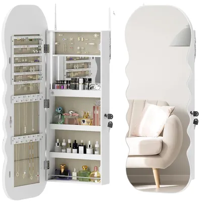 Image de Miroir à maquillage, éclairage LED, armoire à bijoux verrouillable, BLANC, 42 x 10,5 x 108 cm