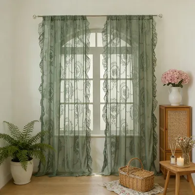 Immagine prodotto di 2 tende in voile trasparente con motivi floreali in pizzo vintage per camera da letto, soggiorno, terrazza e matrimoni, verde salvia, L132xA274 cm