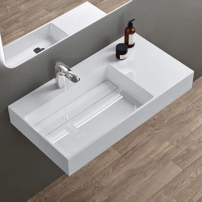 Produktbild von doporro Design Waschbecken 90x48x13 cm mit verstecktem Ablauf in weiß aus Mineralguss als Aufsatzwaschbecken und Hängewaschbecken geeignet col12-L