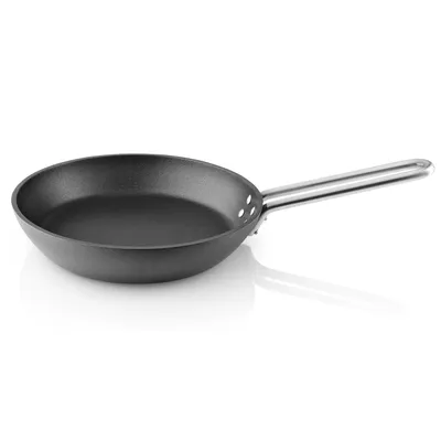 A black frying pan with a silver handle is shown against a white background.